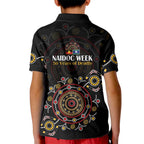 NAIDOC Deadly 50 Years Kid Polo Shirt Aboriginal Black Gold Boomerang Art