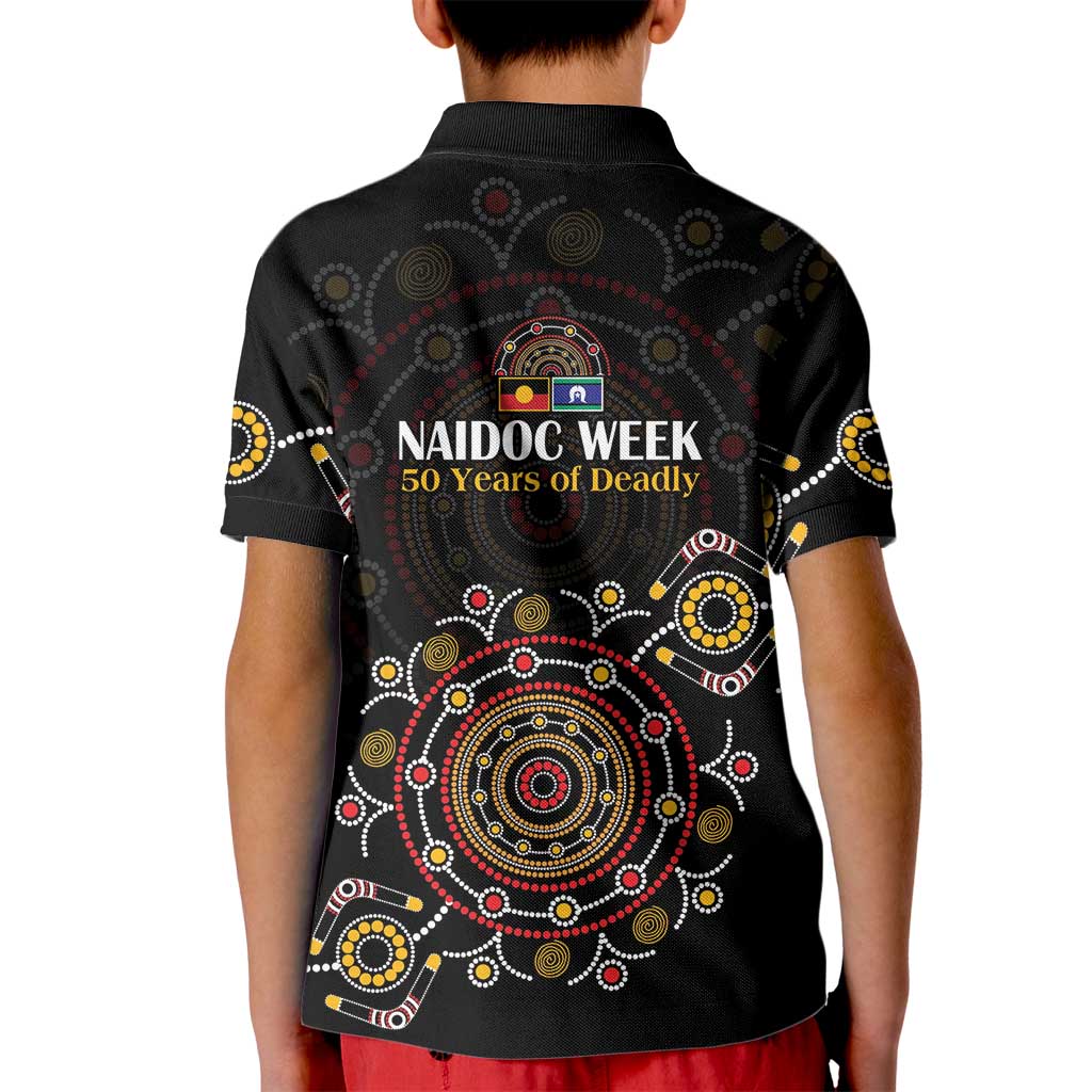 NAIDOC Deadly 50 Years Kid Polo Shirt Aboriginal Black Gold Boomerang Art