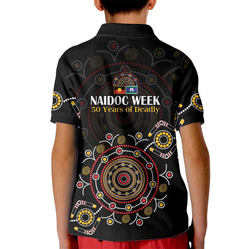 NAIDOC Deadly 50 Years Kid Polo Shirt Aboriginal Black Gold Boomerang Art