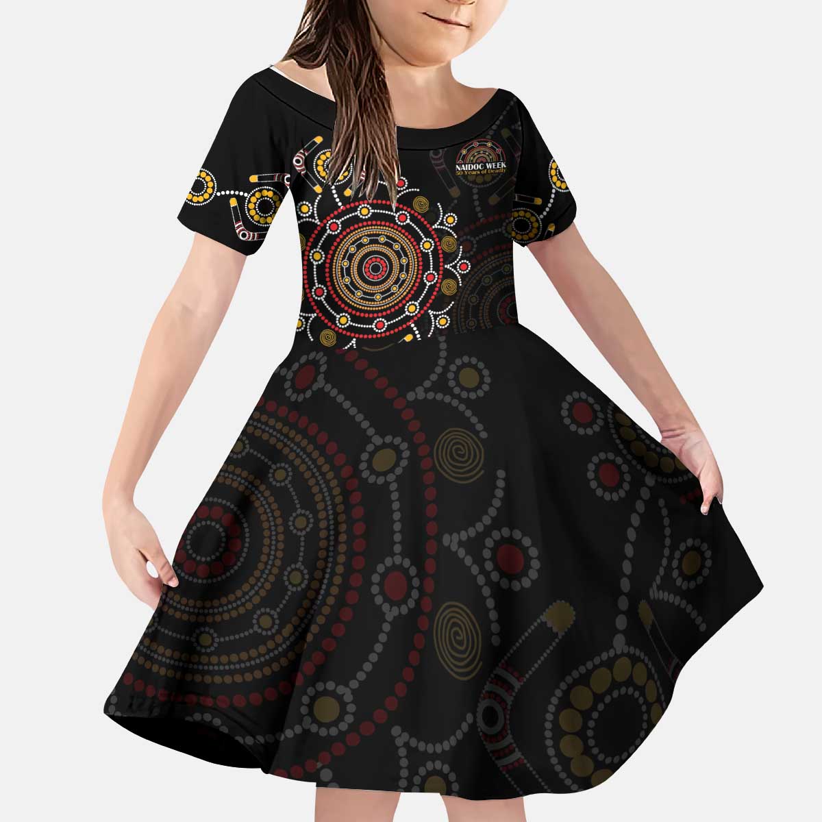 NAIDOC Deadly 50 Years Kid Short Sleeve Dress Aboriginal Black Gold Boomerang Art