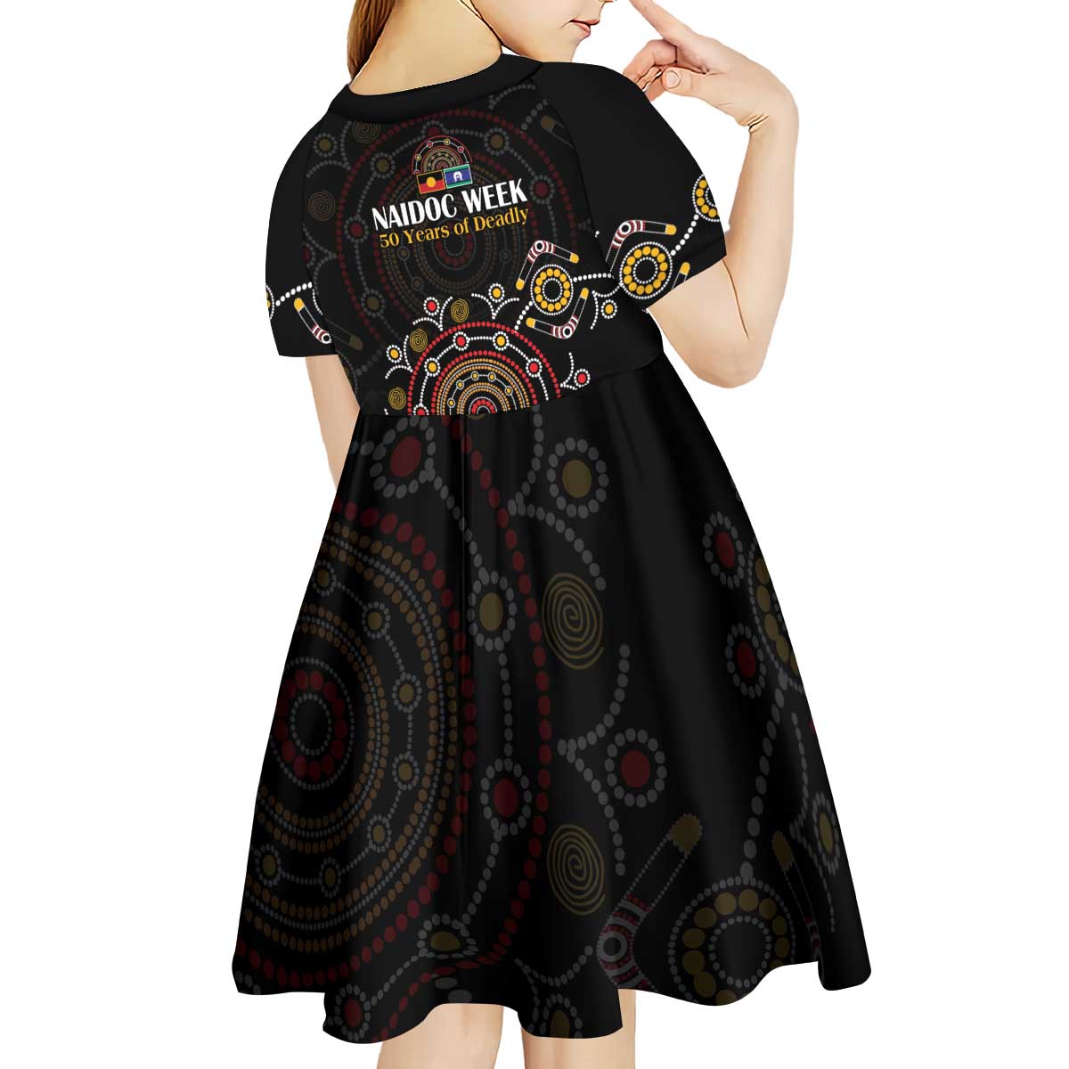 NAIDOC Deadly 50 Years Kid Short Sleeve Dress Aboriginal Black Gold Boomerang Art