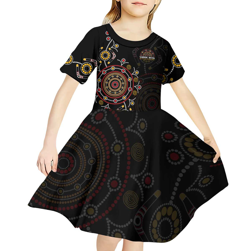 NAIDOC Deadly 50 Years Kid Short Sleeve Dress Aboriginal Black Gold Boomerang Art