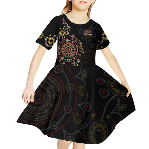 NAIDOC Deadly 50 Years Kid Short Sleeve Dress Aboriginal Black Gold Boomerang Art
