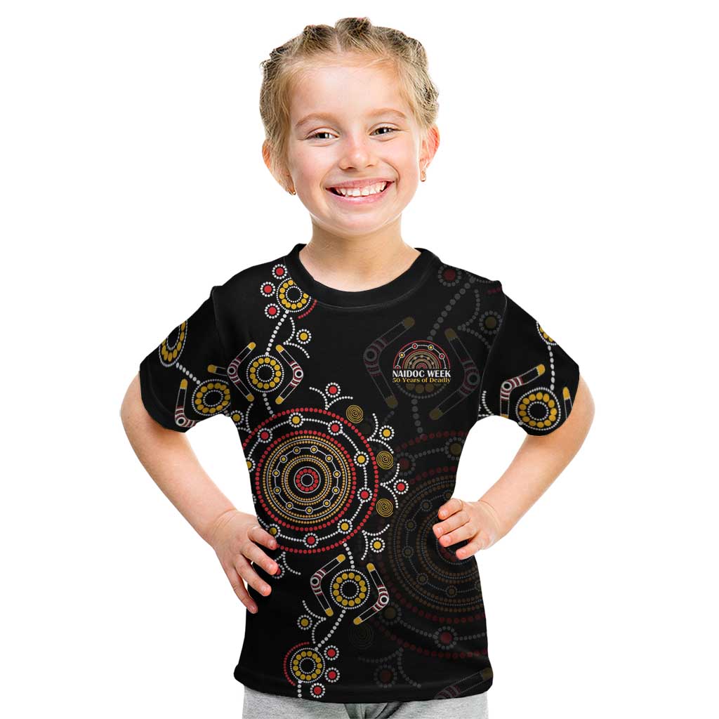 NAIDOC Deadly 50 Years Kid T Shirt Aboriginal Black Gold Boomerang Art