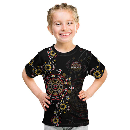 NAIDOC Deadly 50 Years Kid T Shirt Aboriginal Black Gold Boomerang Art