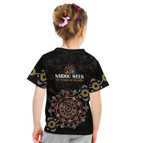 NAIDOC Deadly 50 Years Kid T Shirt Aboriginal Black Gold Boomerang Art