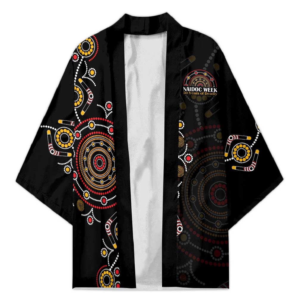 NAIDOC Deadly 50 Years Kimono Aboriginal Black Gold Boomerang Art