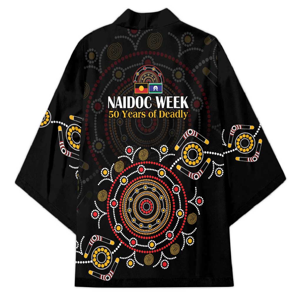 NAIDOC Deadly 50 Years Kimono Aboriginal Black Gold Boomerang Art
