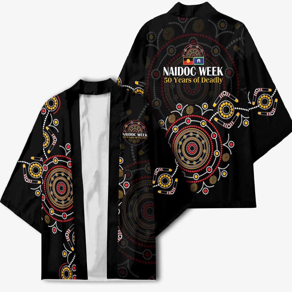 NAIDOC Deadly 50 Years Kimono Aboriginal Black Gold Boomerang Art