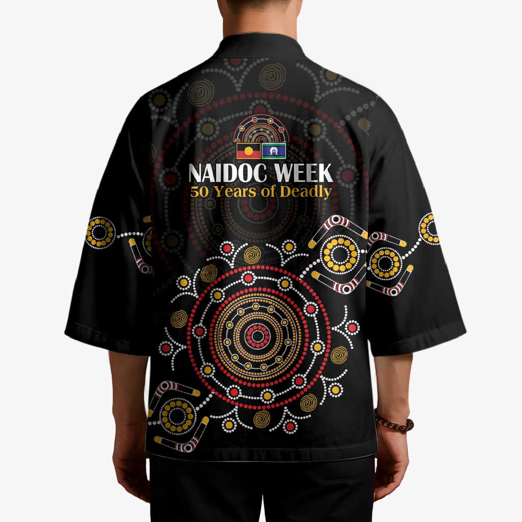 NAIDOC Deadly 50 Years Kimono Aboriginal Black Gold Boomerang Art