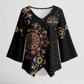 NAIDOC Deadly 50 Years Kimono Sleeve Blouse Aboriginal Black Gold Boomerang Art