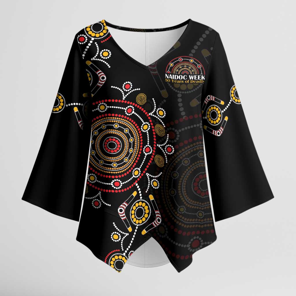NAIDOC Deadly 50 Years Kimono Sleeve Blouse Aboriginal Black Gold Boomerang Art