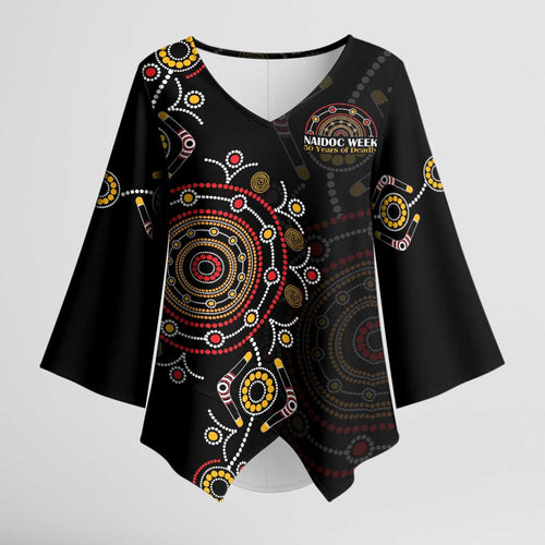 NAIDOC Deadly 50 Years Kimono Sleeve Blouse Aboriginal Black Gold Boomerang Art