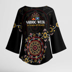NAIDOC Deadly 50 Years Kimono Sleeve Blouse Aboriginal Black Gold Boomerang Art