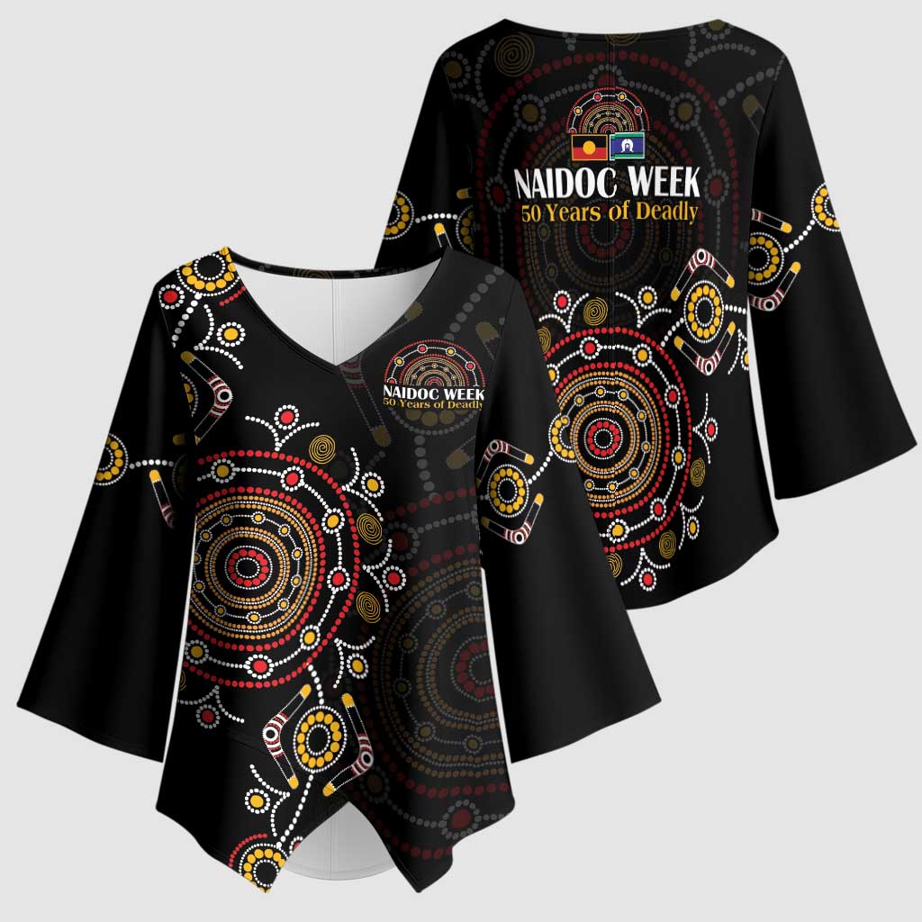 NAIDOC Deadly 50 Years Kimono Sleeve Blouse Aboriginal Black Gold Boomerang Art