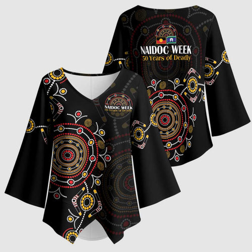 NAIDOC Deadly 50 Years Kimono Sleeve Blouse Aboriginal Black Gold Boomerang Art