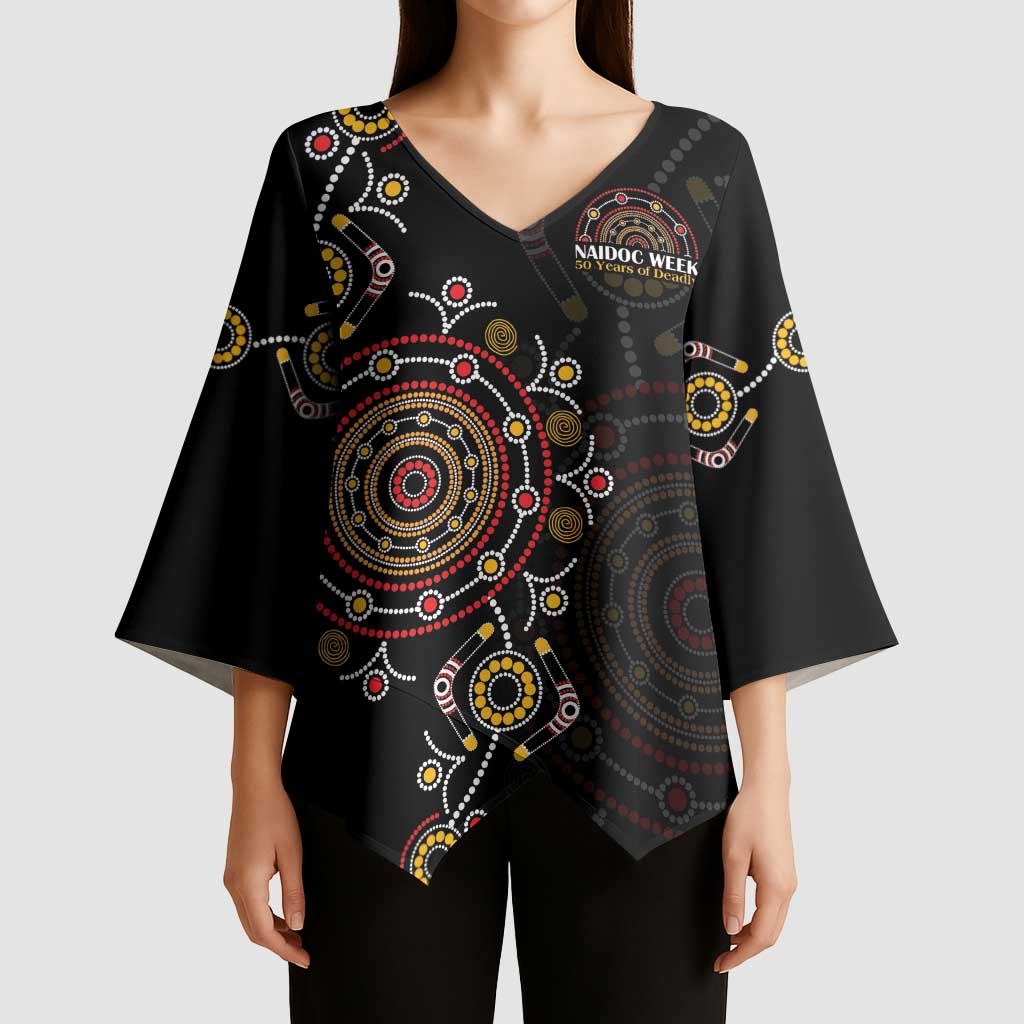 NAIDOC Deadly 50 Years Kimono Sleeve Blouse Aboriginal Black Gold Boomerang Art
