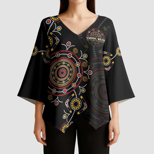 NAIDOC Deadly 50 Years Kimono Sleeve Blouse Aboriginal Black Gold Boomerang Art
