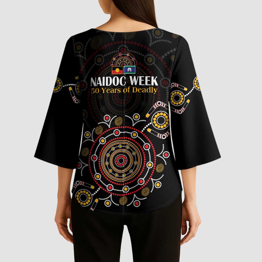 NAIDOC Deadly 50 Years Kimono Sleeve Blouse Aboriginal Black Gold Boomerang Art