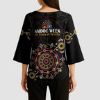 NAIDOC Deadly 50 Years Kimono Sleeve Blouse Aboriginal Black Gold Boomerang Art