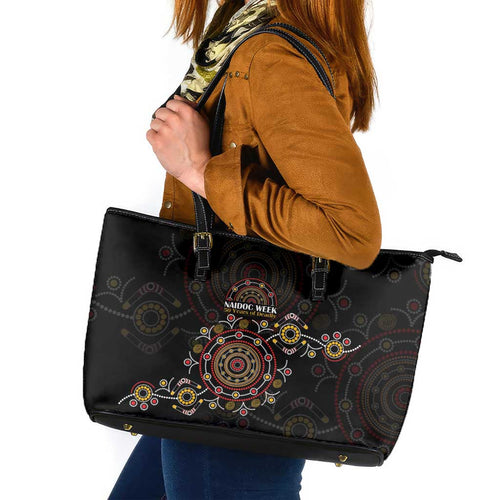 NAIDOC Deadly 50 Years Leather Tote Bag Aboriginal Black Gold Boomerang Art
