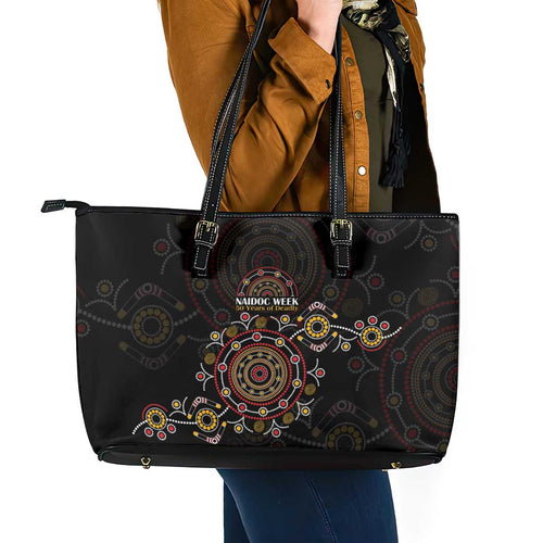 NAIDOC Deadly 50 Years Leather Tote Bag Aboriginal Black Gold Boomerang Art