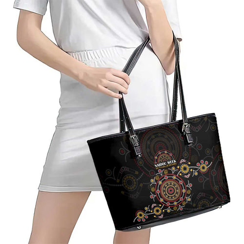 NAIDOC Deadly 50 Years Leather Tote Bag Aboriginal Black Gold Boomerang Art
