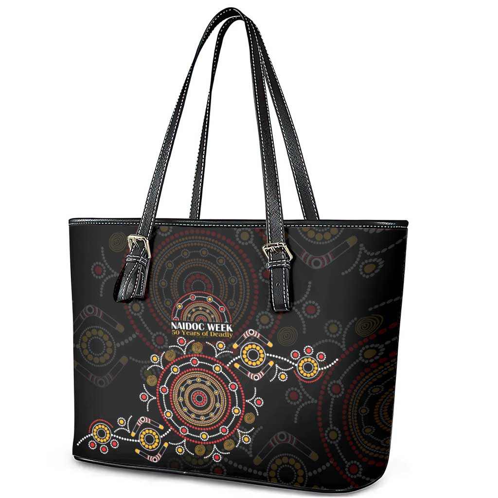 NAIDOC Deadly 50 Years Leather Tote Bag Aboriginal Black Gold Boomerang Art
