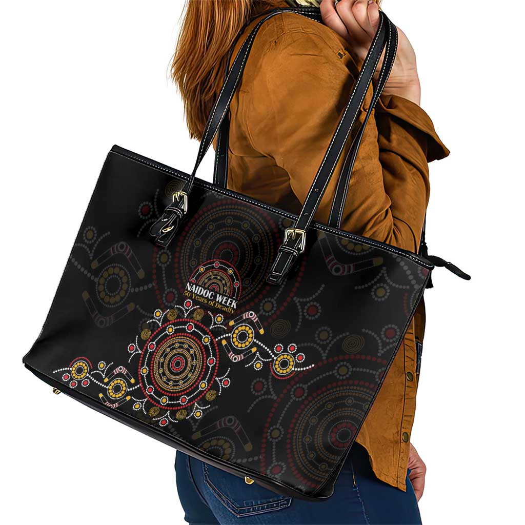 NAIDOC Deadly 50 Years Leather Tote Bag Aboriginal Black Gold Boomerang Art