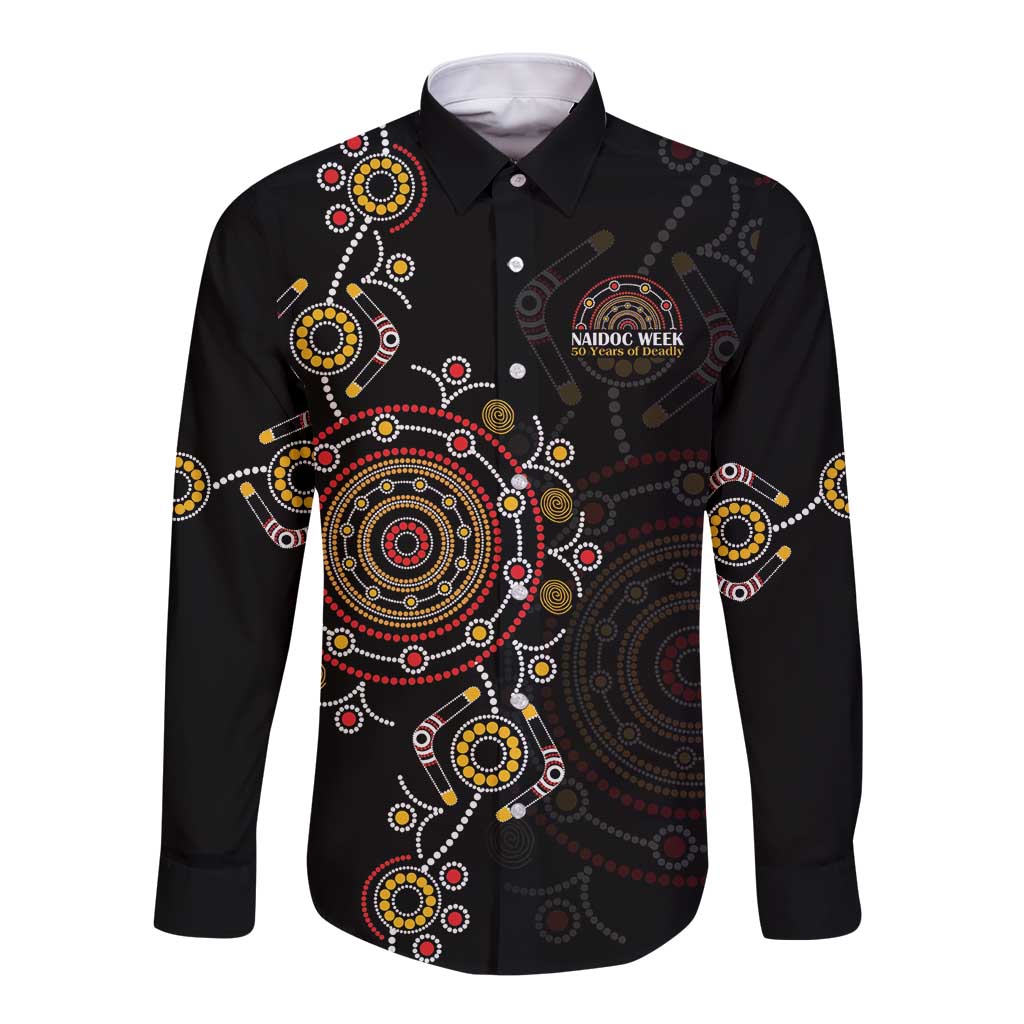 NAIDOC Deadly 50 Years Long Sleeve Button Shirt Aboriginal Black Gold Boomerang Art