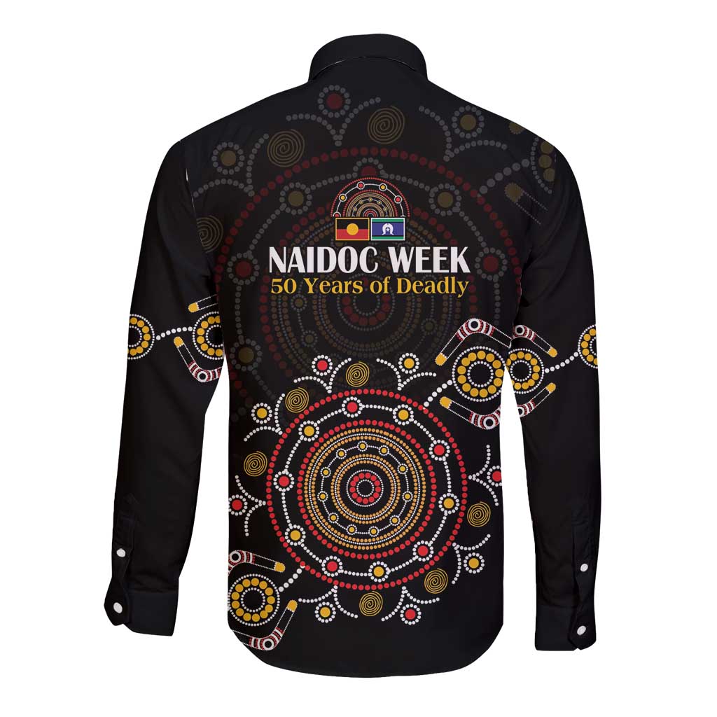 NAIDOC Deadly 50 Years Long Sleeve Button Shirt Aboriginal Black Gold Boomerang Art