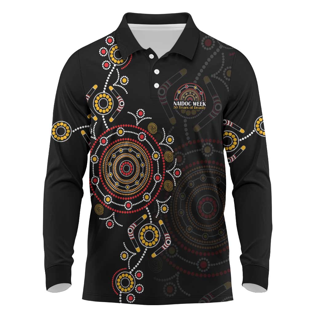 NAIDOC Deadly 50 Years Long Sleeve Polo Shirt Aboriginal Black Gold Boomerang Art