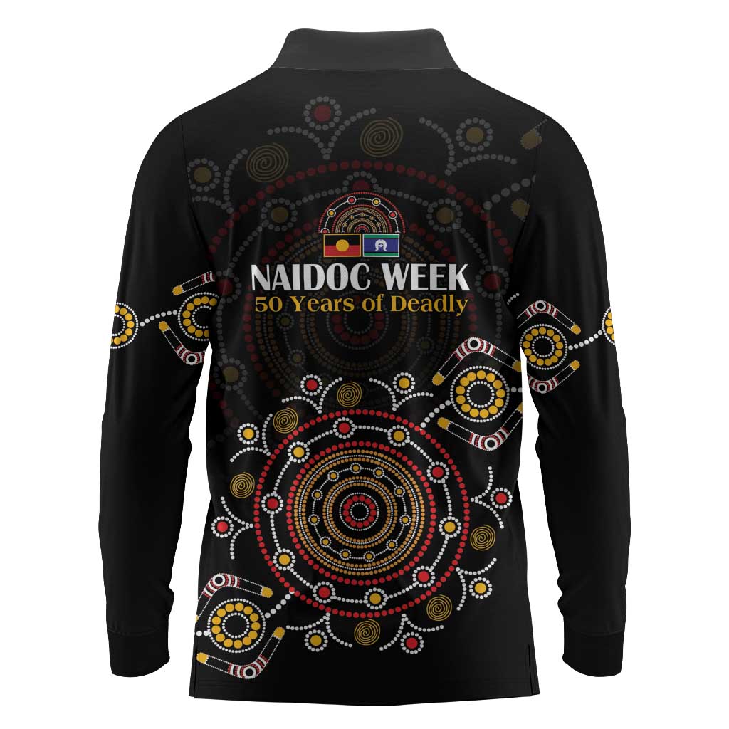 NAIDOC Deadly 50 Years Long Sleeve Polo Shirt Aboriginal Black Gold Boomerang Art