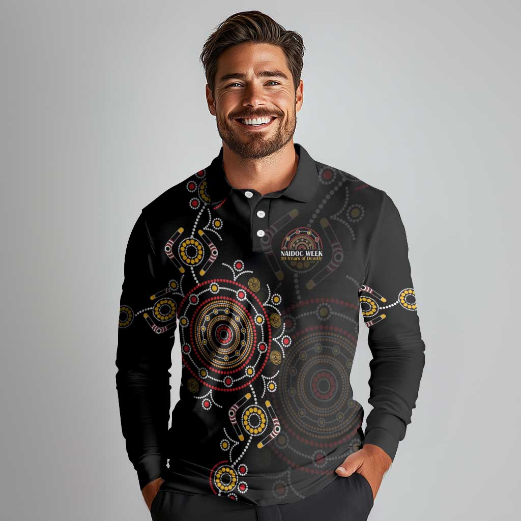 NAIDOC Deadly 50 Years Long Sleeve Polo Shirt Aboriginal Black Gold Boomerang Art