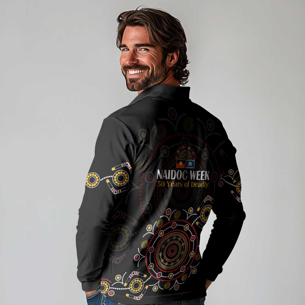 NAIDOC Deadly 50 Years Long Sleeve Polo Shirt Aboriginal Black Gold Boomerang Art