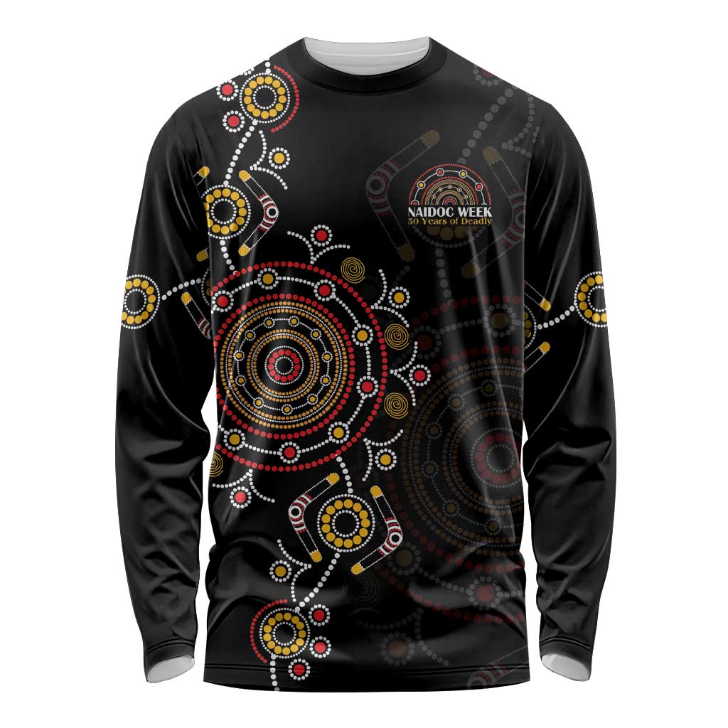 NAIDOC Deadly 50 Years Long Sleeve Shirt Aboriginal Black Gold Boomerang Art