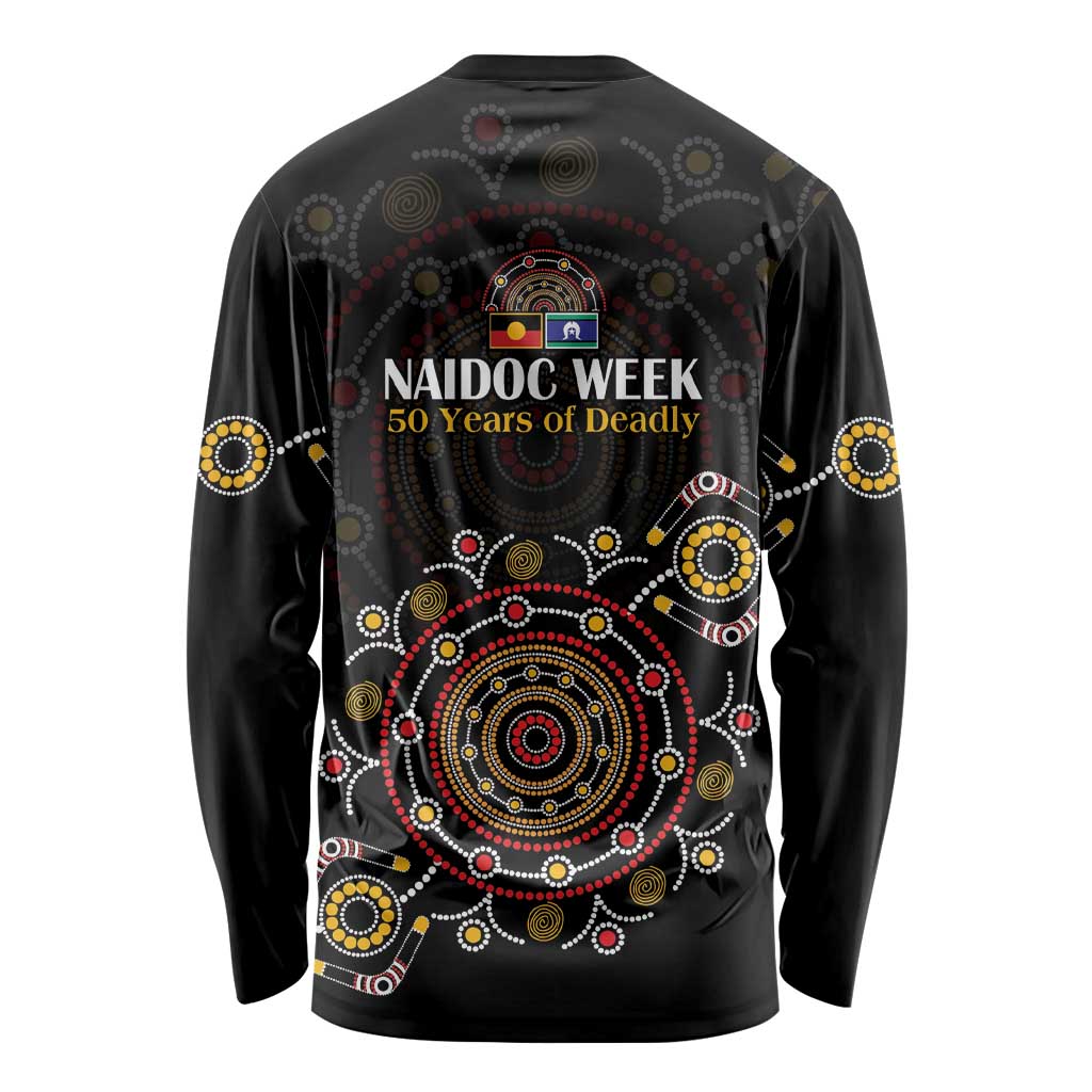 NAIDOC Deadly 50 Years Long Sleeve Shirt Aboriginal Black Gold Boomerang Art