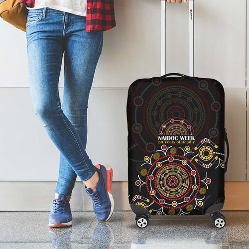 NAIDOC Deadly 50 Years Luggage Cover Aboriginal Black Gold Boomerang Art