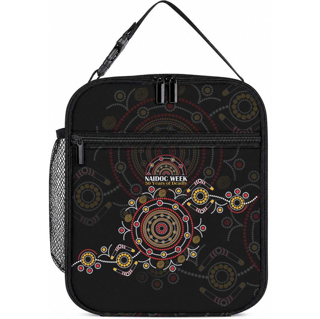 NAIDOC Deadly 50 Years Lunch Bag Aboriginal Black Gold Boomerang Art