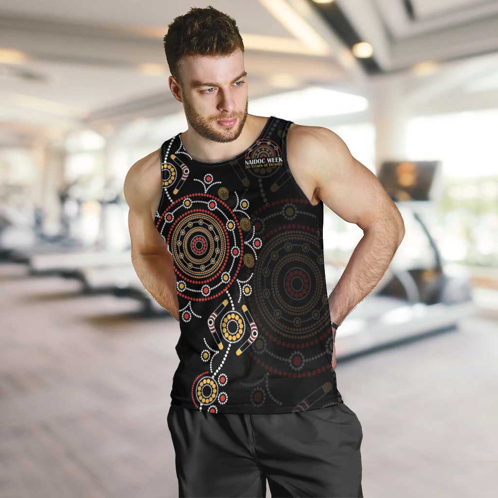 NAIDOC Deadly 50 Years Men Tank Top Aboriginal Black Gold Boomerang Art