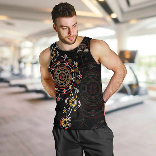 NAIDOC Deadly 50 Years Men Tank Top Aboriginal Black Gold Boomerang Art