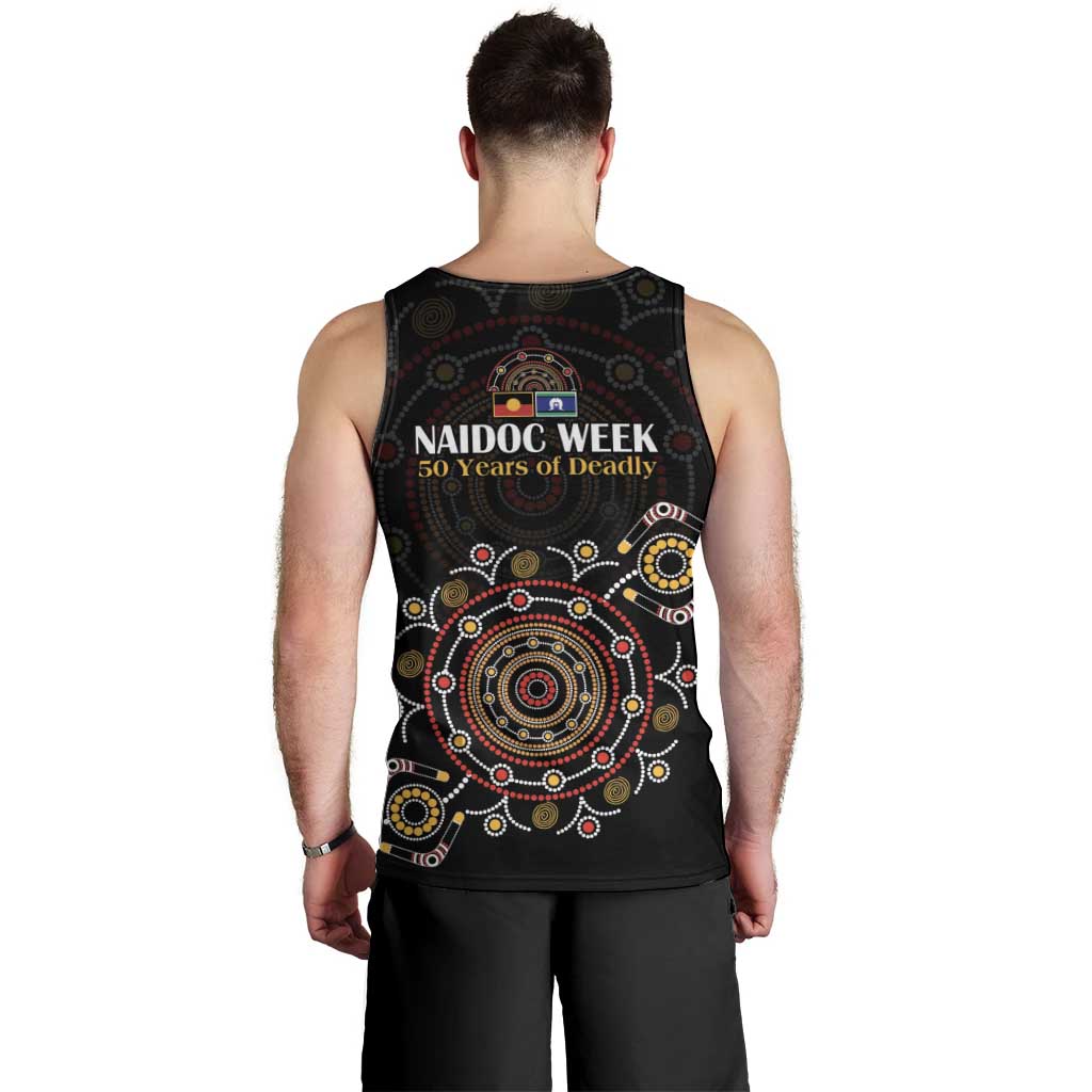NAIDOC Deadly 50 Years Men Tank Top Aboriginal Black Gold Boomerang Art