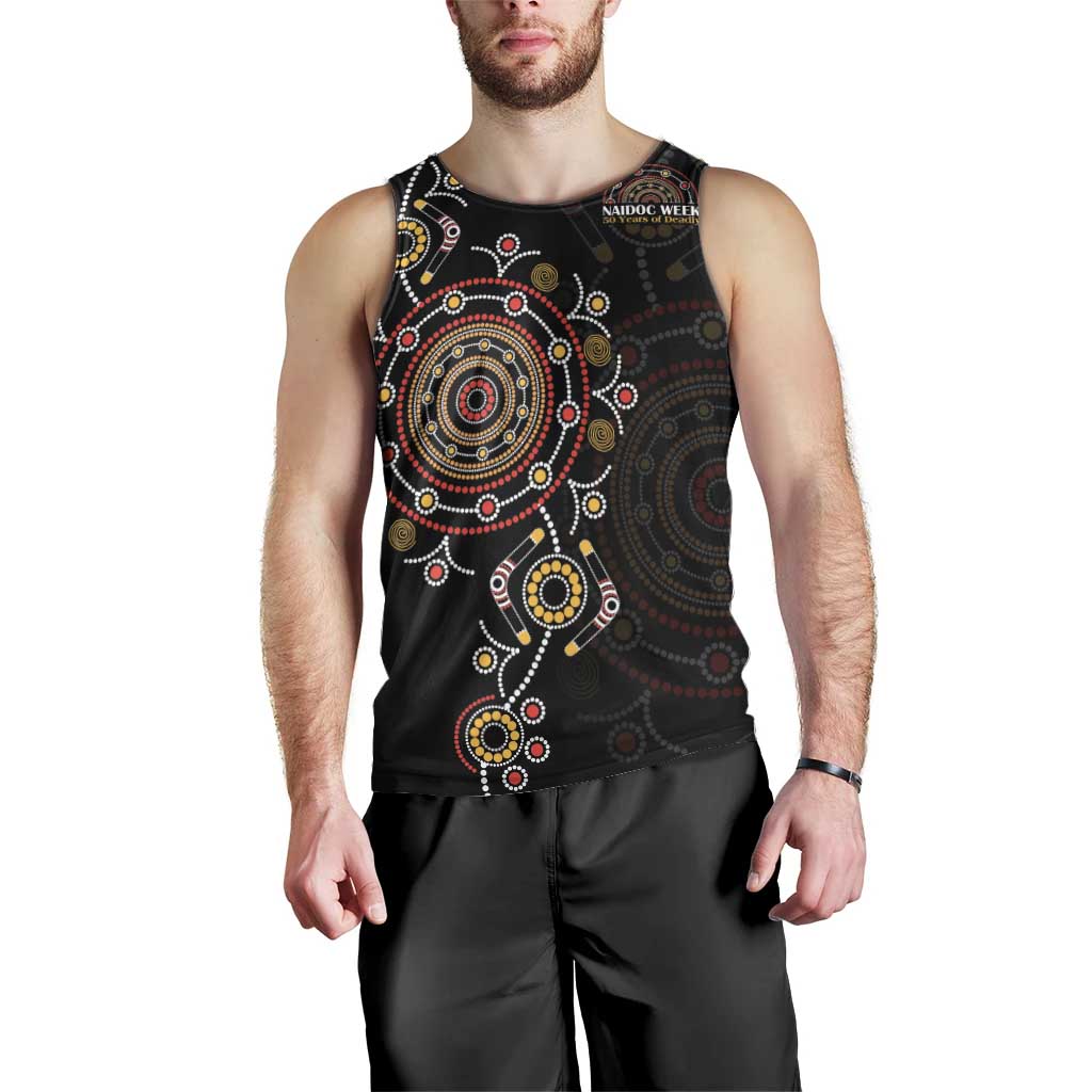 NAIDOC Deadly 50 Years Men Tank Top Aboriginal Black Gold Boomerang Art