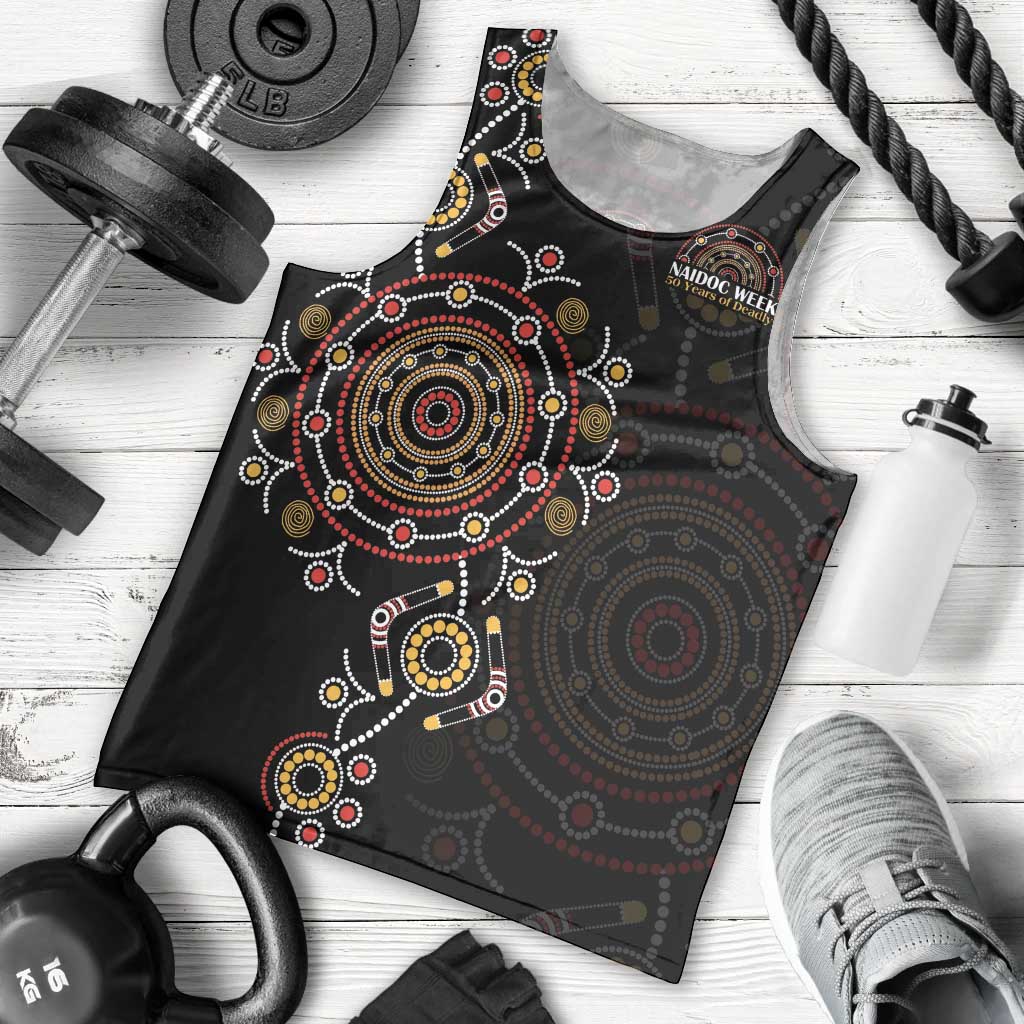 NAIDOC Deadly 50 Years Men Tank Top Aboriginal Black Gold Boomerang Art