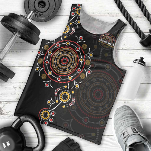 NAIDOC Deadly 50 Years Men Tank Top Aboriginal Black Gold Boomerang Art