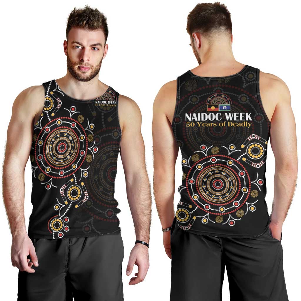 NAIDOC Deadly 50 Years Men Tank Top Aboriginal Black Gold Boomerang Art