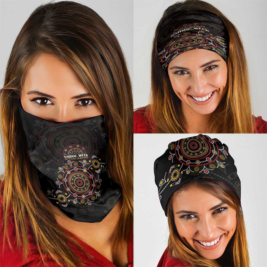 NAIDOC Deadly 50 Years Neck Gaiter Aboriginal Black Gold Boomerang Art