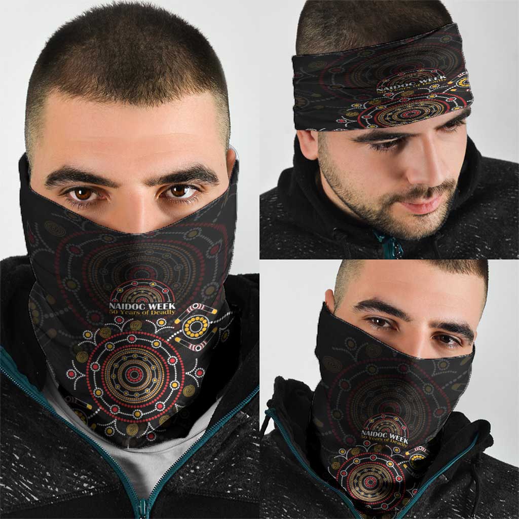 NAIDOC Deadly 50 Years Neck Gaiter Aboriginal Black Gold Boomerang Art