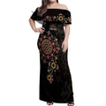 NAIDOC Deadly 50 Years Off Shoulder Maxi Dress Aboriginal Black Gold Boomerang Art