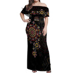 NAIDOC Deadly 50 Years Off Shoulder Maxi Dress Aboriginal Black Gold Boomerang Art